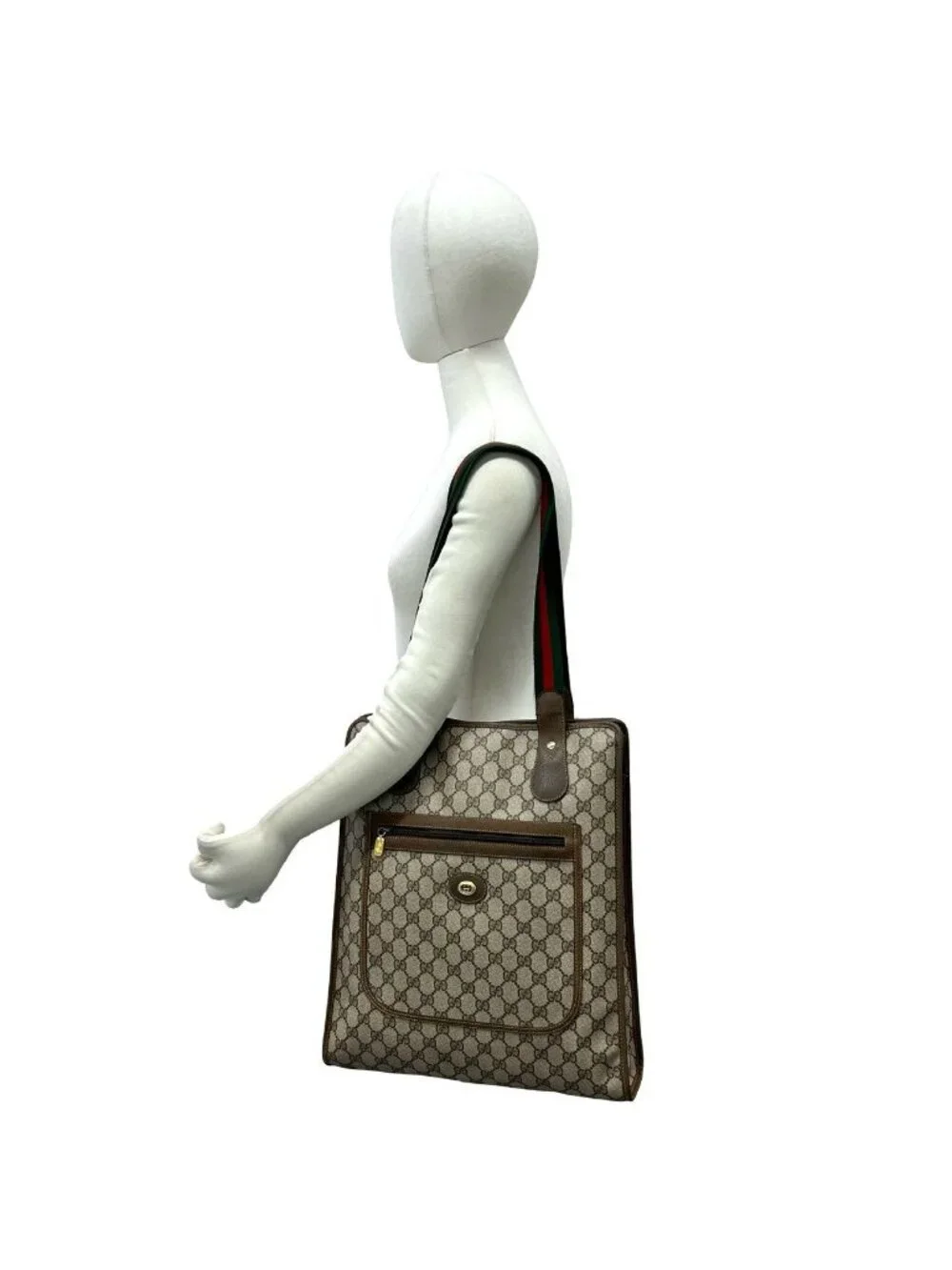 Gucci Vintage Sherry Line GG Logo Pattern Leather Tote Brown Red Green